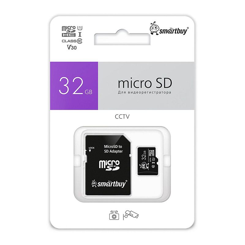 Карта памяти SmartBuy MicroSDHC 32GB UHS-1, Class 10, скорость чтения 95Мб/сек, для видеонаблюдения (с адаптером SD)