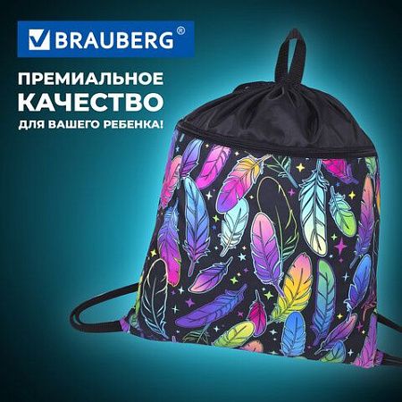 Мешок для обуви BRAUBERG БОЛЬШОЙ, с ручкой, карман на молнии, сетка, 49х41 см, "Feathers", 271057 