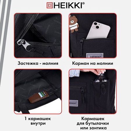 Сумка шоппер HEIKKI EQUIP (ХЕЙКИ), канвас, карман для бутылки, 40х35 см, черный, 272442 