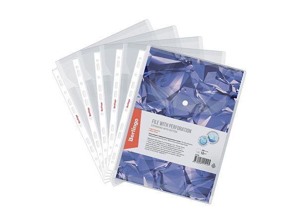 Папка-вкладыш с перфорацией на кнопке Berlingo, А4, ПВХ, 180мкм, глянцевая, расширяющаяся до 250л. НАБОР 10 шт