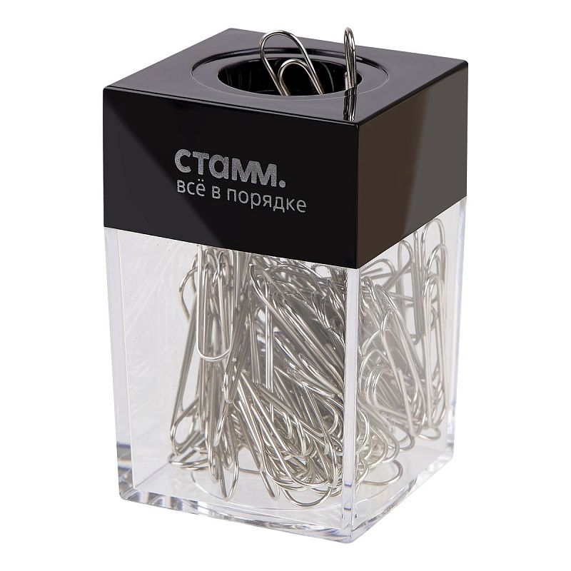 Скрепочница магнитная СТАММ, 100 никелированных скрепок, прозрачный корпус, картонная коробка
