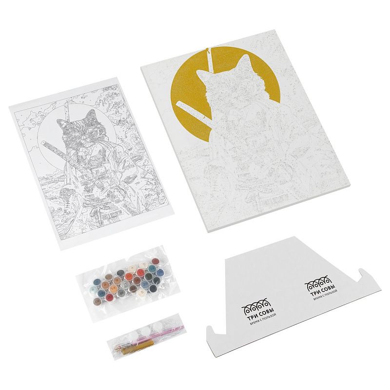 Картина по номерам на холсте с глиттером ТРИ СОВЫ "Кот-самурай", 40*50, с акриловыми красками и кистями