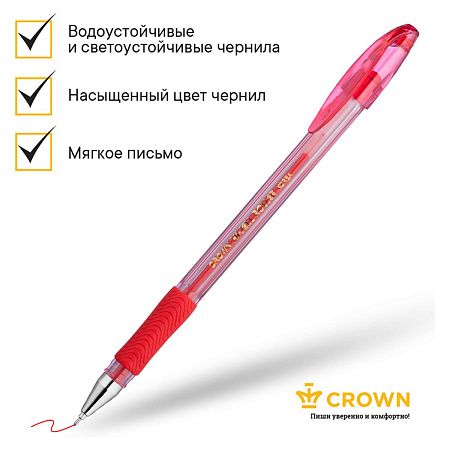 Ручка гелевая Crown "Hi-Jell Needle Grip" красная, 0,7мм, грип, игольчатый стержень, штрих-код 