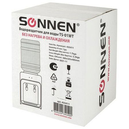 Кулер-водораздатчик БЕЗ НАГРЕВА И ОХЛАЖДЕНИЯ, SONNEN TS-01WT, настольный, 2 крана, белый, 455411