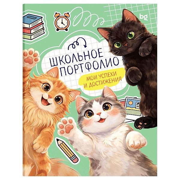 Папка-портфолио 7БЦ А4 BG, на 4 кольцах для школьника "Котята-школьники", 20 файлов, 10 вкладышей.