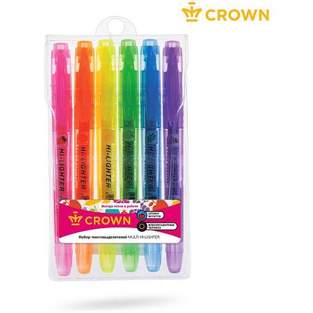 Набор текстовыделителей Crown "Multi Hi-Lighter Aroma" 06цв., 1-4мм, ароматиз., чехол с европодвесом 