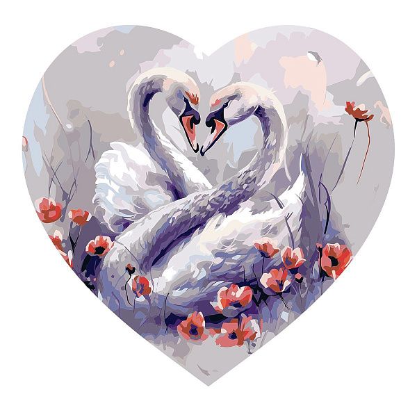 Картина по номерам на фигурном холсте ТРИ СОВЫ "Лебединая верность", форма сердце, с акриловыми красками и кистями