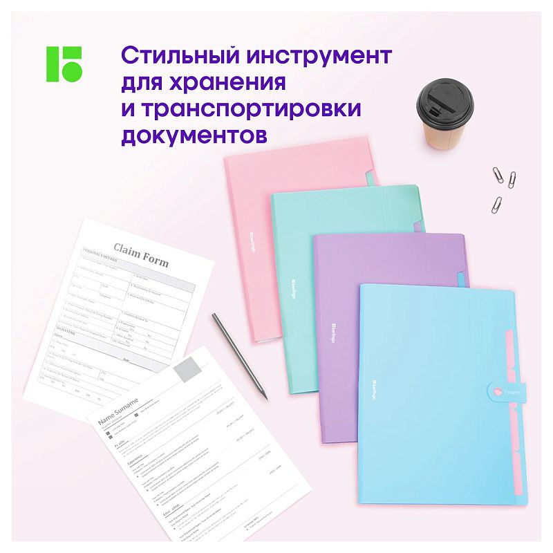 Папка 5 отделений Berlingo "Haze", А4, 600мкм, на кнопке, сиреневая, софт-тач 