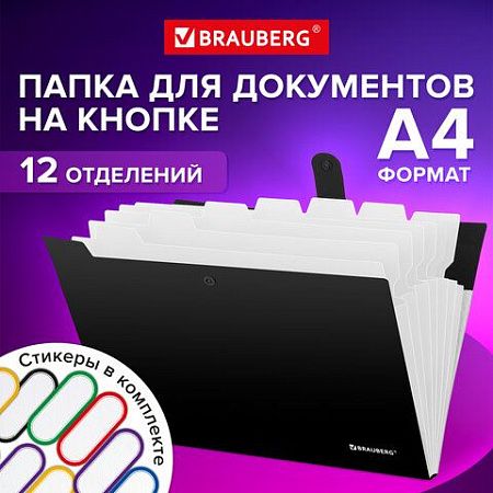 Папка-органайзер на кнопке 12 отделений, BRAUBERG "Extra", А4, черная с белым, 271930 