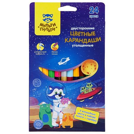 Карандаши цветные Мульти-Пульти "Енот в космосе", 24цв., 12шт., двусторонние, утолщенные, заточен., европодвес
