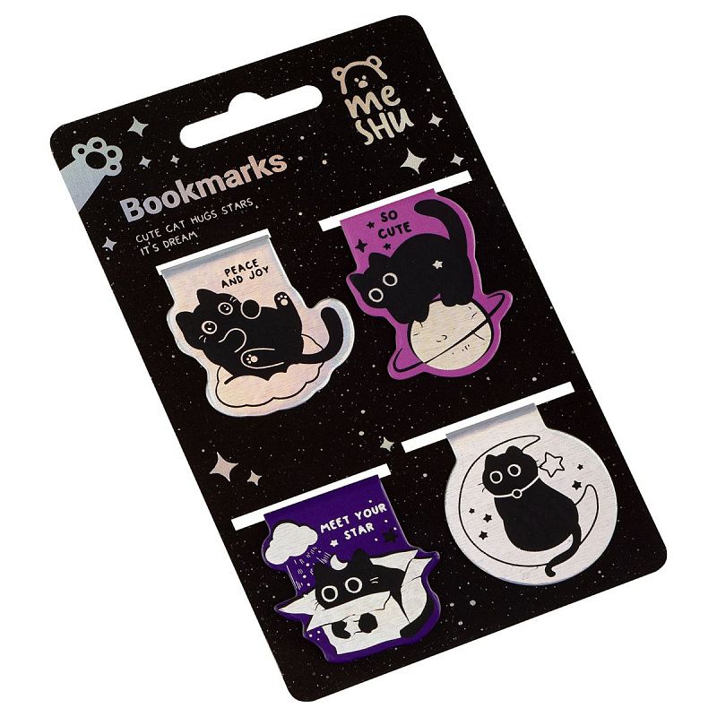 Закладки магнитные для книг, 4шт., MESHU "Meow Space", голографическая фольга 