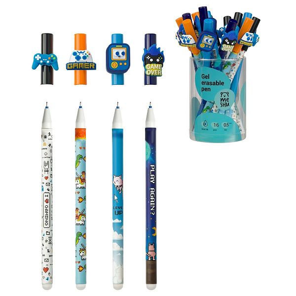 Ручка гелевая стираемая MESHU "Games" синяя, 0,5мм, корпус ассорти, с топпером