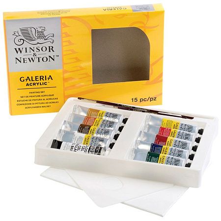 Краски акриловые Winsor&Newton "Galeria", 09цв., 60мл/туба, доска, палитра, медиум для блеска, 2 кисти, картон. упаковка