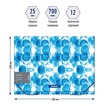 Папка 12 отделений Berlingo "Bubbles" А4, 330*240*25мм, 700мкм, на резинке, c рисунком 