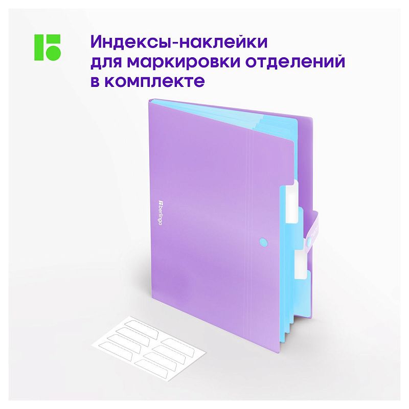Папка 5 отделений Berlingo "Haze", А4, 600мкм, на кнопке, сиреневая, софт-тач 
