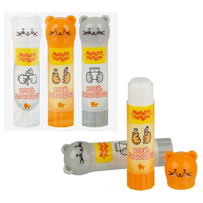 Набор клей-карандаш Мульти-Пульти "Котики", 09г, фигурный колпачок, ПВП, пакет, ассорти