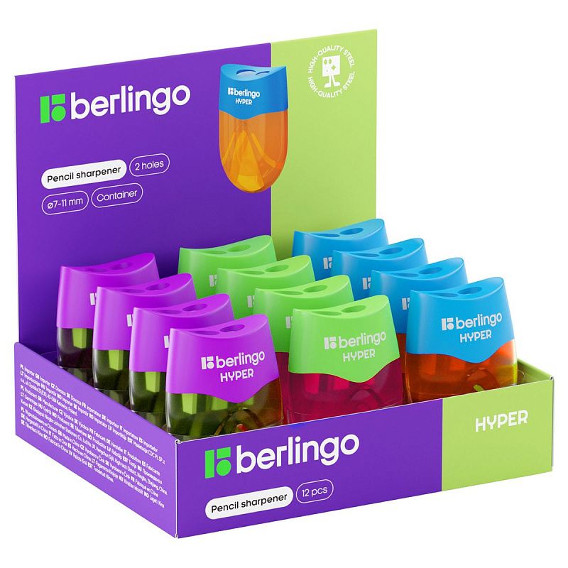 Точилка пластиковая Berlingo "Hyper" 2 отверстия, контейнер, ассорти 