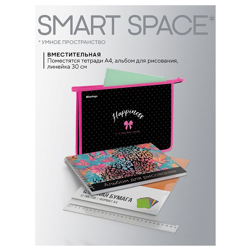 Папка для тетрадей 1 отделение, А4 Berlingo "Happiness", 340*245*40 мм, пластик, на молнии 