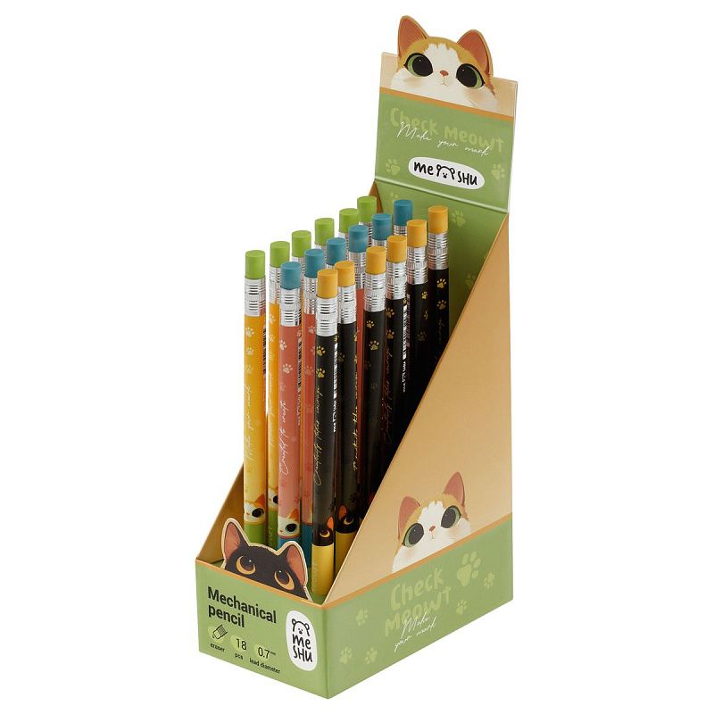 Карандаш механический MESHU "Check Meowt", печать на корпусе, с ластиком, 0,7мм, ассорти 