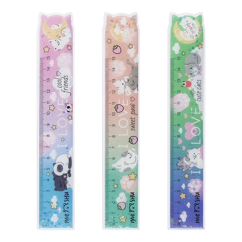 Линейка 15см MESHU "Cute Cats" ПВХ с блестками, ассорти, европодвес 