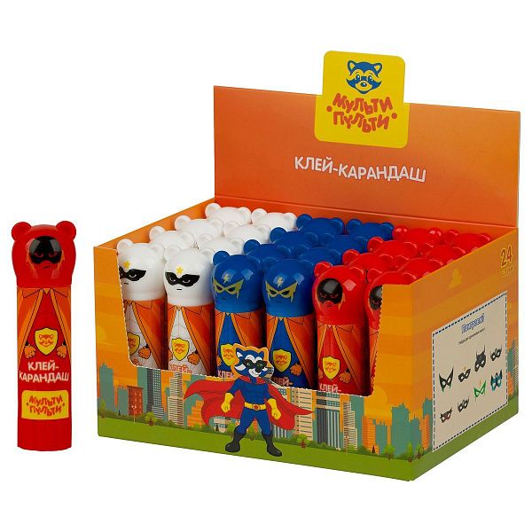 Клей-карандаш Мульти-Пульти "Супергерои", 09г, фигурный колпачок, ПВП, дисплей бокс, ассорти