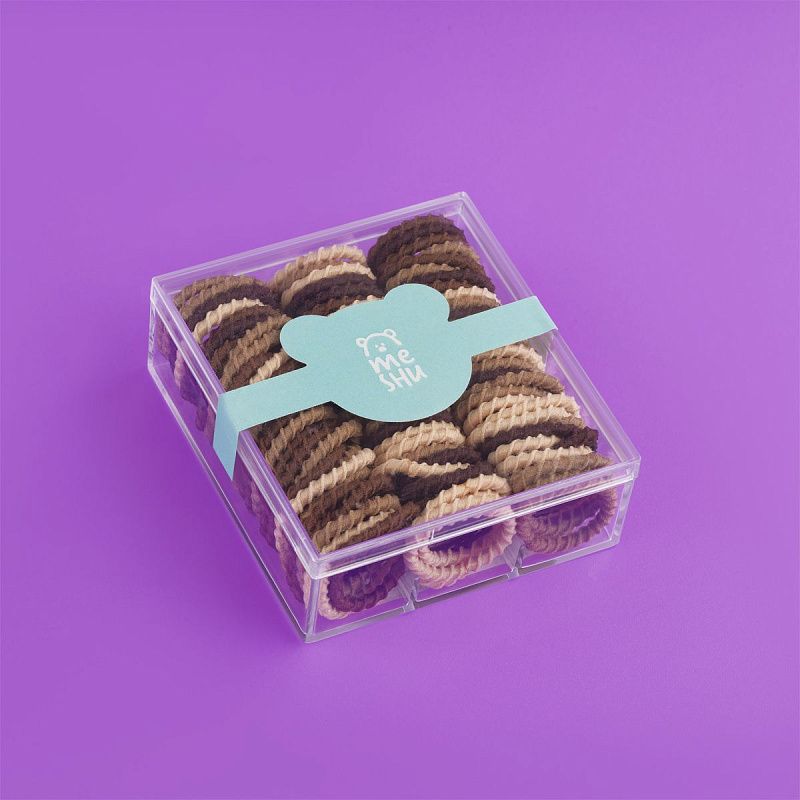 Резинки для волос MESHU, тонкие, коричневые ассорти, 90шт., диаметр 2см, пластиковый бокс