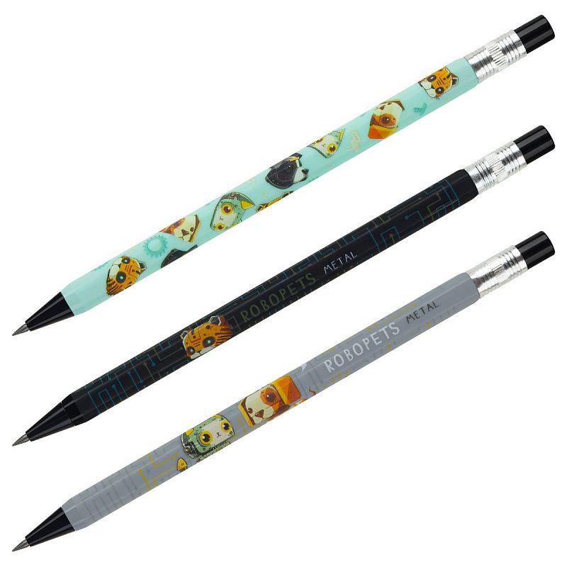 Карандаш механический MESHU "Robopets", печать на корпусе, 2,0мм, софт-тач, ассорти, с точилкой для грифеля