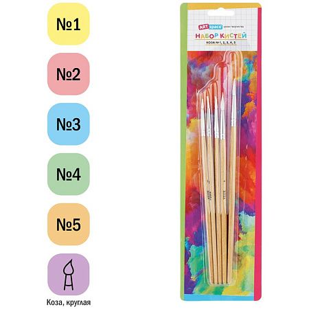 Набор кистей ArtSpace 5шт., коза, круглые, № 1, 2, 3, 4, 5, блистер