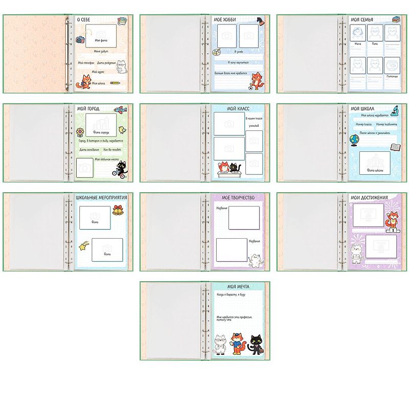 Папка-портфолио 7БЦ А4 BG, на 4 кольцах для школьника "Котята-школьники", 20 файлов, 10 вкладышей. 