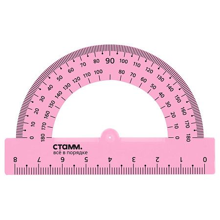 Транспортир 8см, 180° СТАММ, пластиковый, прозрачный, неоновые цвета, ассорти 