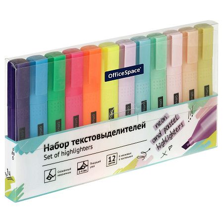 Набор текстовыделителей OfficeSpace 12цв., 6цв. пастельные, 6цв. неоновые, 1-4мм, ПВХ-бокс 