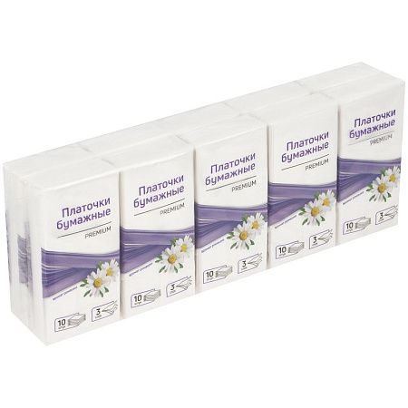 Платки бумажные носовые OfficeClean, 3-слойные, 19*20см, белые, 10 пачек по 10шт., ромашка 