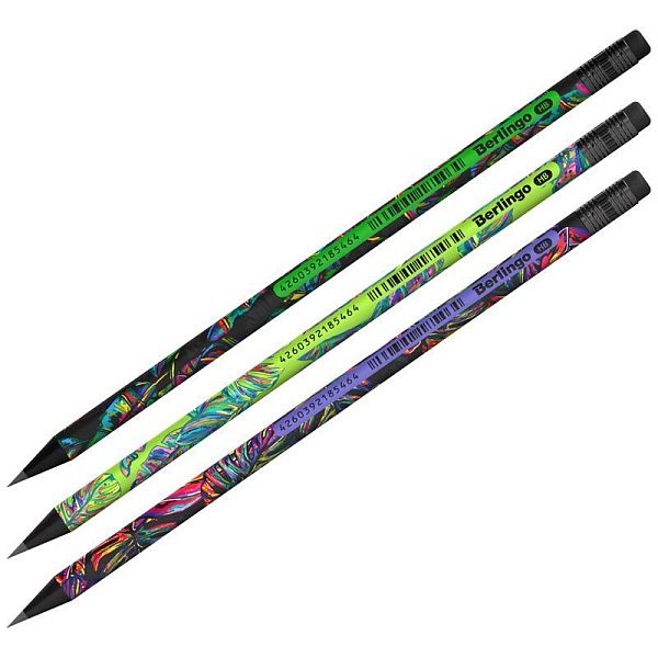 Карандаш ч/г Berlingo "Neon Paradise" HB, черное дерево, круглый, заточен., с ластиком, ассорти