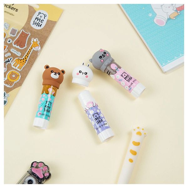 Клей-карандаш MeShu с топпером "Animals" ассорти, 8г., дисплей бокс, ПВП