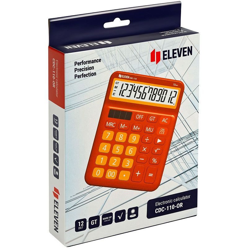 Калькулятор настольный Eleven CDC-110-OR, 12 разрядов, двойное питание, 125*160*28мм, оранжевый