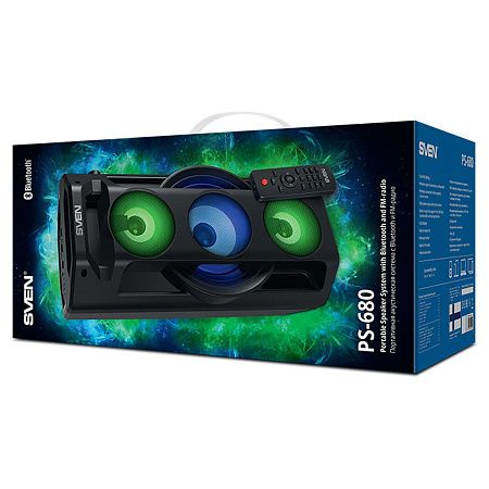 Колонка портативная Sven PS-680, 65W, Bluetooth, FM, USB, microSD, LED-дисплей, пульт, караоке, подсветка, черный
