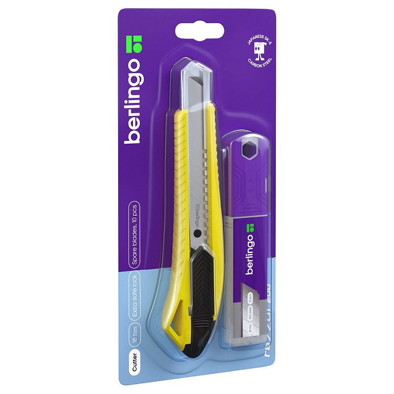Нож канцелярский 18мм Berlingo "Razzor 200", желтый + лезвия сменные 10шт., блистер, европодвес