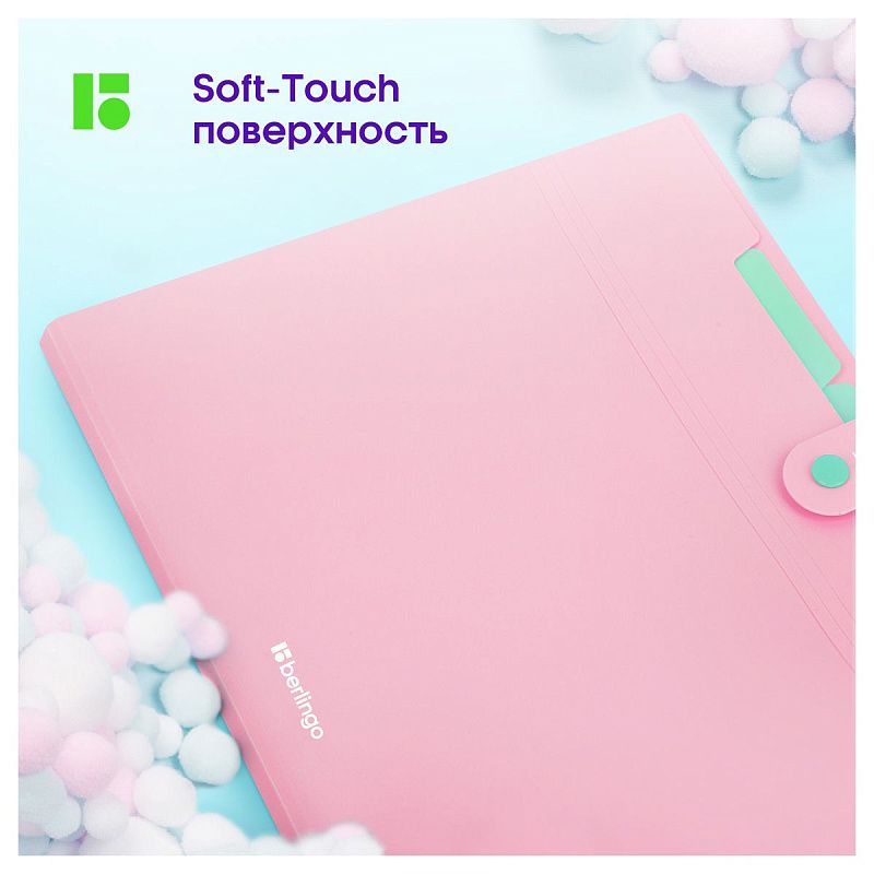 Папка 5 отделений Berlingo "Haze", А4, 600мкм, на кнопке, розовая, софт-тач 