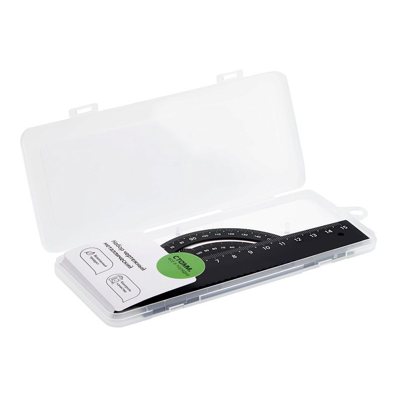 Набор чертежный СТАММ, размер S (линейка 15см, треугольник, транспортир), металлический, черный, в пенале 