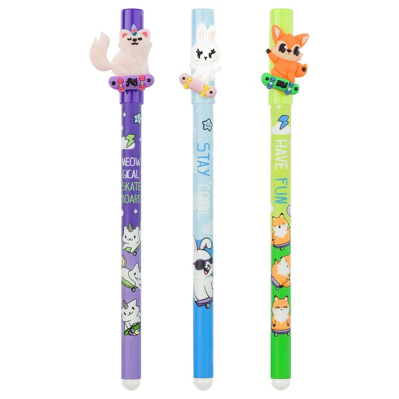 Ручка гелевая стираемая MESHU "Skate party" синяя, 0,5мм, корпус ассорти, с топпером 