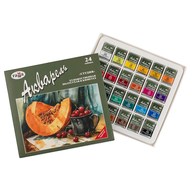 Акварель художественная Гамма "Студия", 24цв., кюветы, картон. упаковка