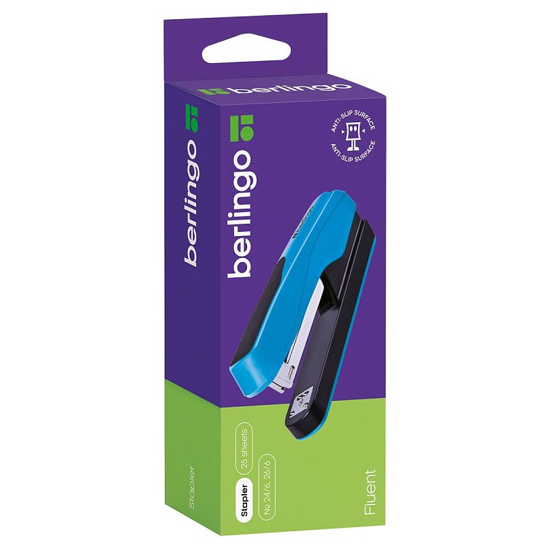 Степлер №24/6, 26/6 Berlingo "Fluent", до 25л., пластиковый корпус, голубой