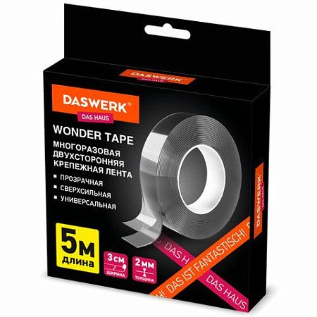 Многоразовая двухсторонняя прозрачная крепежная лента "Скотч NANO tape 5 м х 30 мм", 2 мм, DASWERK, 607929