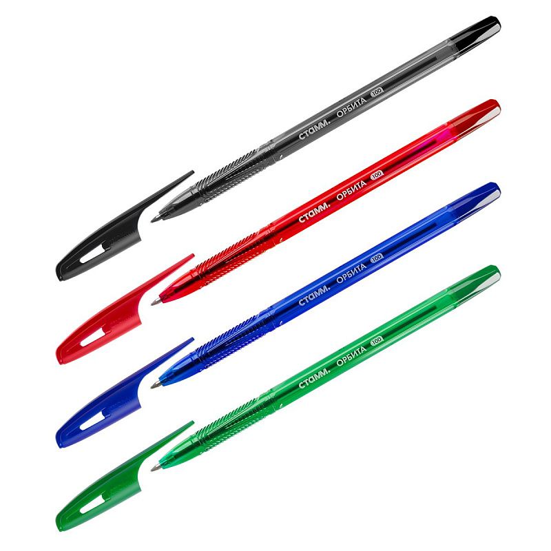 Набор шариковых ручек СТАММ «Орбита 100» 4шт., 4цв., 0,7мм, тонированный корпус, пакет с европодвесом 
