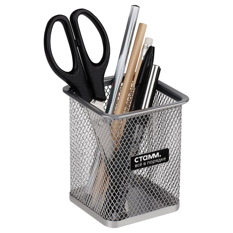 Подставка-стакан СТАММ, металлическая, квадратная, серебристая