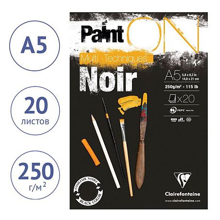 Скетчбук - альбом для смешанных техник 20л., А5 Clairefontaine "Paint ON Noir", на склейке, черный, 250г/м2