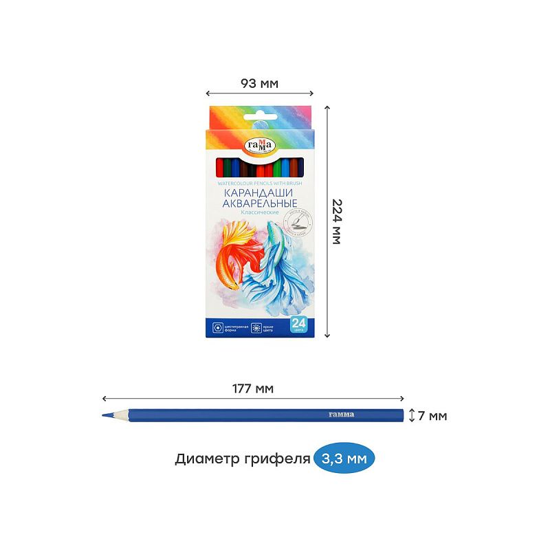 Карандаши акварельные Гамма "Классические", 24цв., шестигранные, заточен., с кистью, картон. упак., европодвес