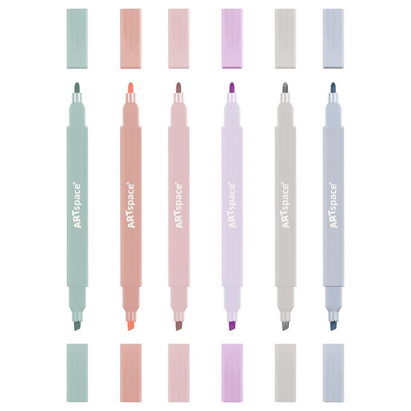 Набор текстовыделителей двусторонних ArtSpace "Thin trace", 06цв., пастельные цвета, 1/1-3мм, ПВХ бокс с подложкой, европодвес 