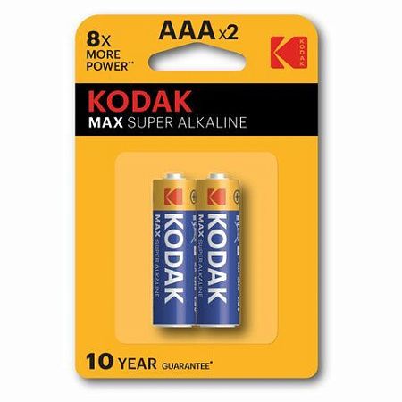 Батарейки алкалиновые "мизинчиковые" КОМПЛЕКТ 2 шт., KODAK Max Super Alkaline, ААА (LR03, 15А), блистер, Б0005132