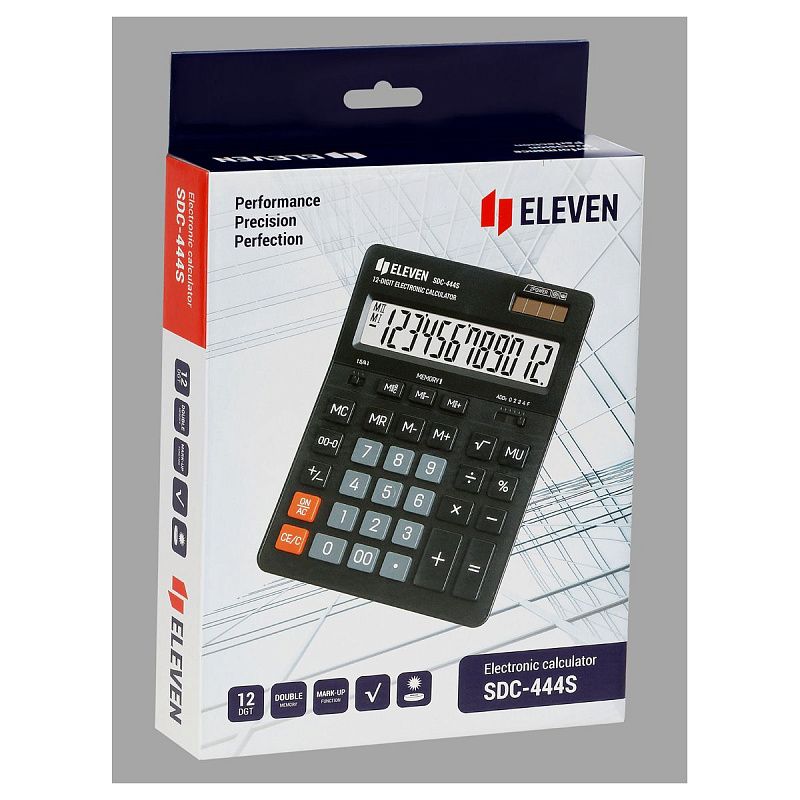 Калькулятор настольный Eleven SDC-444S, 12 разрядов, двойное питание, 155*205*36мм, черный